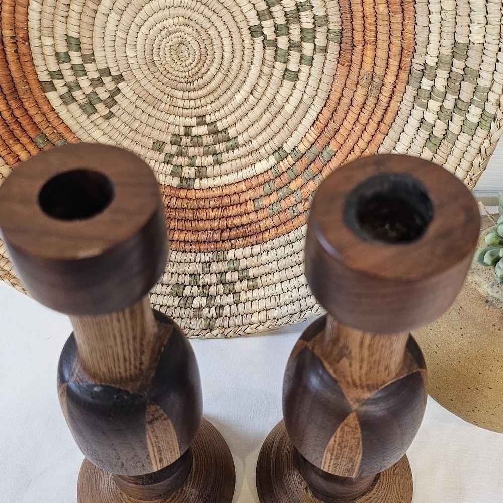 Vintage Wooden Two Toned Large Candlestick Holders Set Of Two - Picture 2 of 6